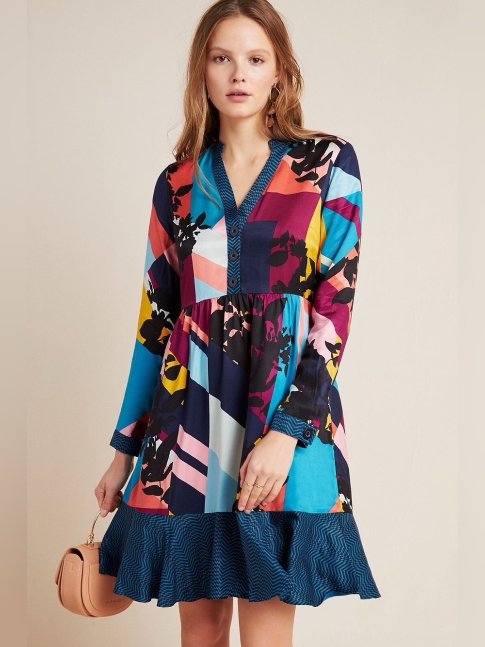 Maeve for Anthropologie Gillian Abstract Colorblock Long Sleeve Shirt Dress Sz L